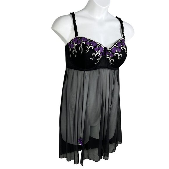 Cacique Womens 22-24 Babydoll Lingerie Black Purple Floral Embroidered Bows Sexy - Picture 3 of 11